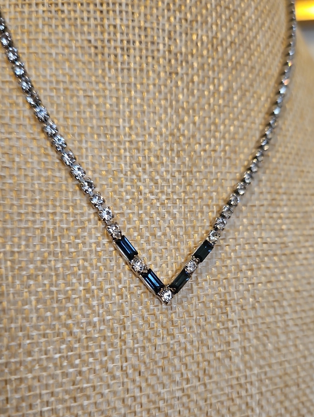 Delicate V-Shape Crystal Necklace in Dark Blue and Silver-Tone